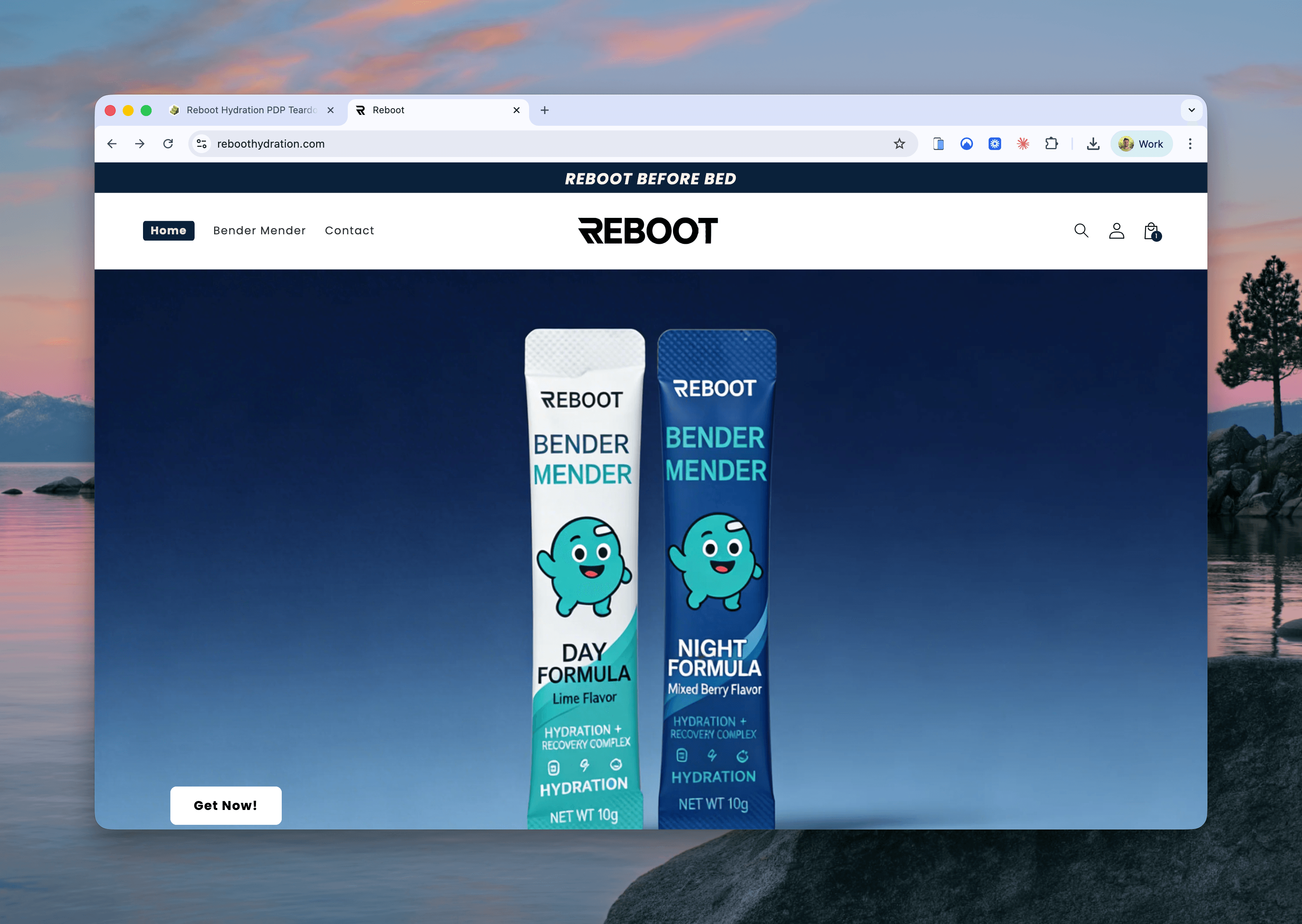 Reboot Hydration homepage showing the Bender Mender Day and Night formula sticks against a lake-at-dusk background